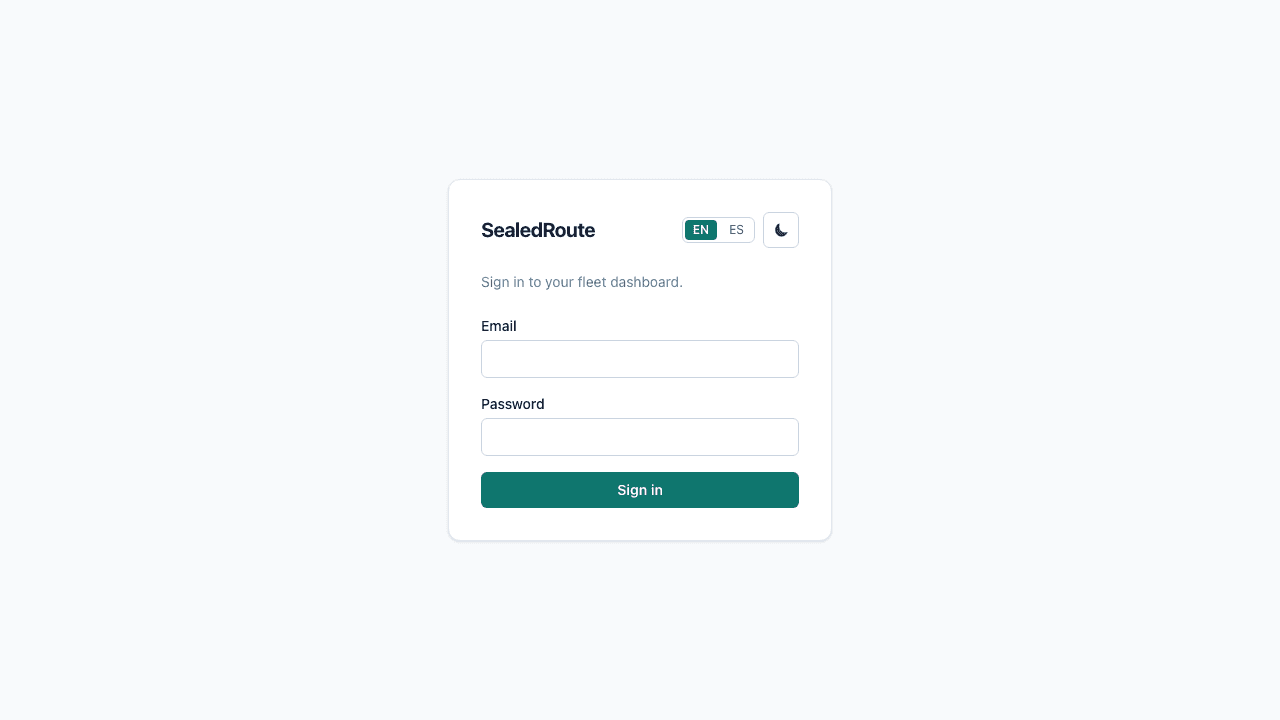 Screenshot of the SealedRoute sign-in screen with the email and password fields highlighted.