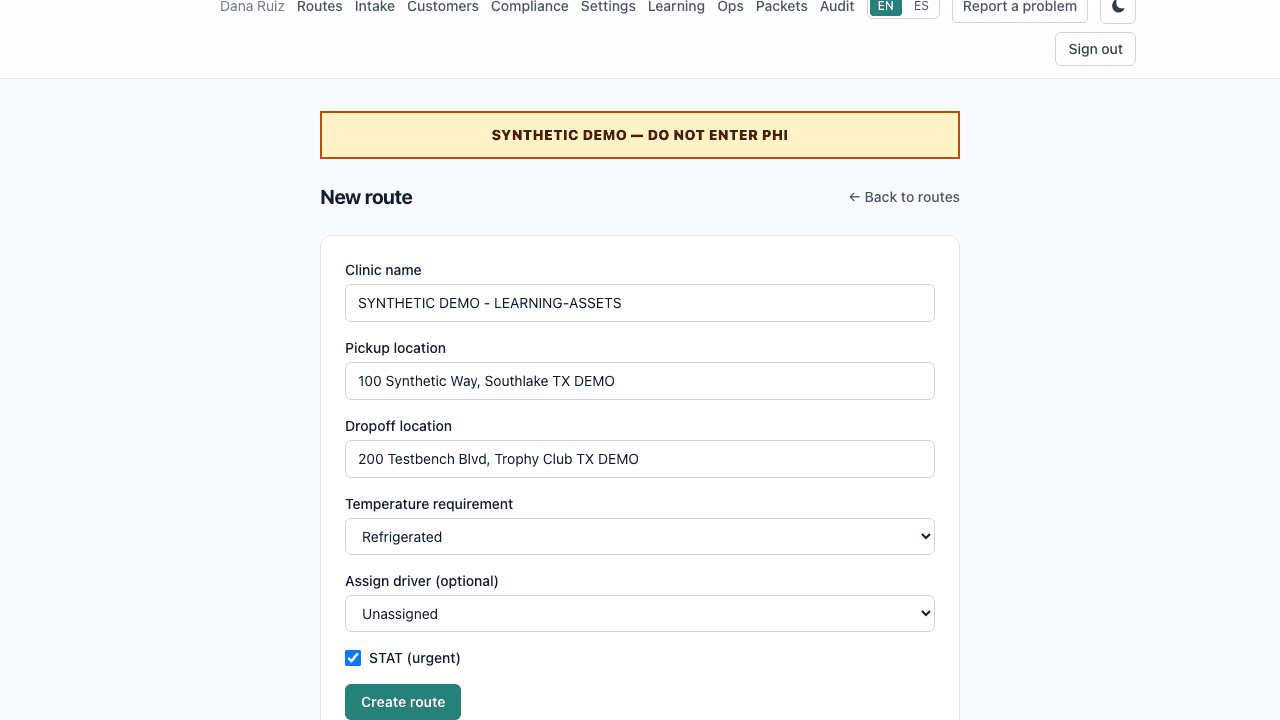 Screenshot of the create route form with the customer and stop fields highlighted.