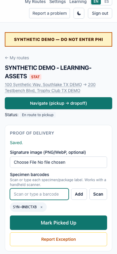 Screenshot of the driver app pickup screen on a phone showing the captured pickup evidence and the Mark Picked Up action highlighted.