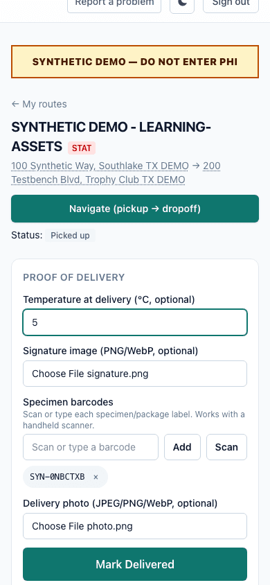 Screenshot of the driver app delivery screen on a phone with the signature and photo steps highlighted.