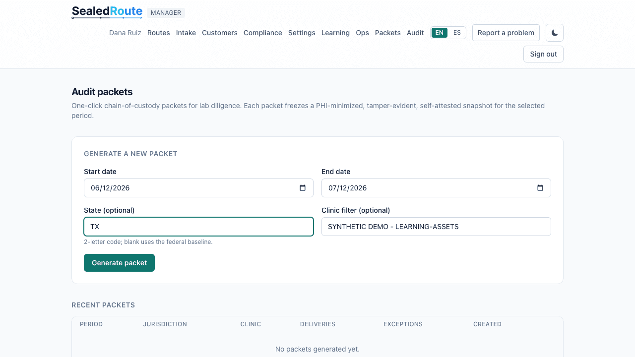 Screenshot of the audit packet generation form with the date range controls and the Generate packet button highlighted.