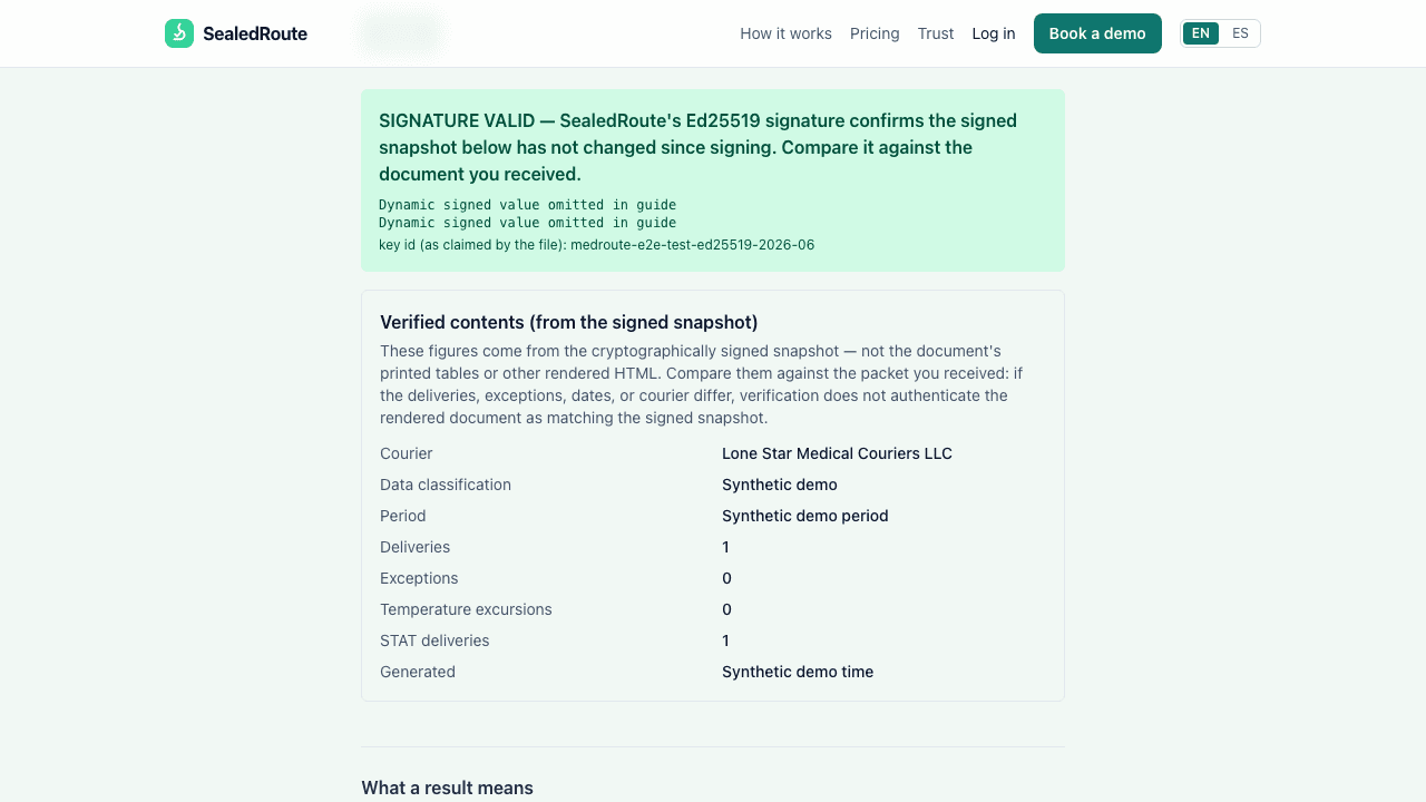 Screenshot of a verified signature packet showing a valid signature badge.