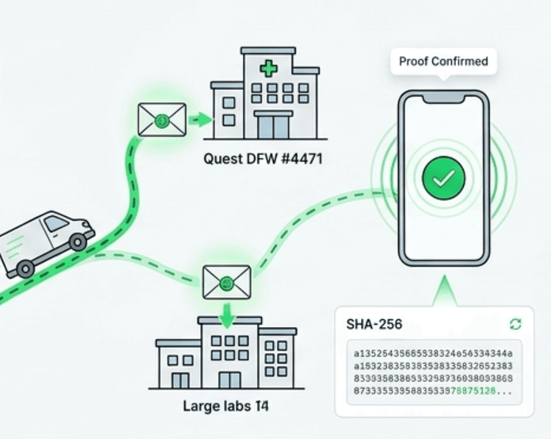 A specimen travels from clinic to lab, then a phone checks an embedded signed snapshot hash